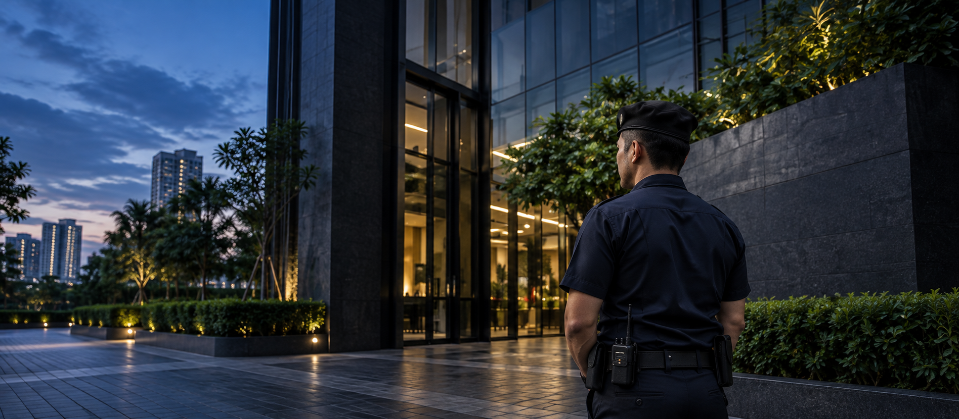 Kaliber security officer on duty at the entrance of a modern building at dusk