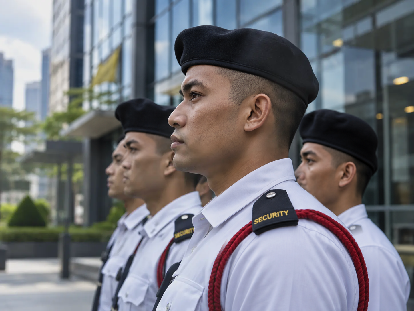 Line of uniformed Gurkha security officers standing at attention