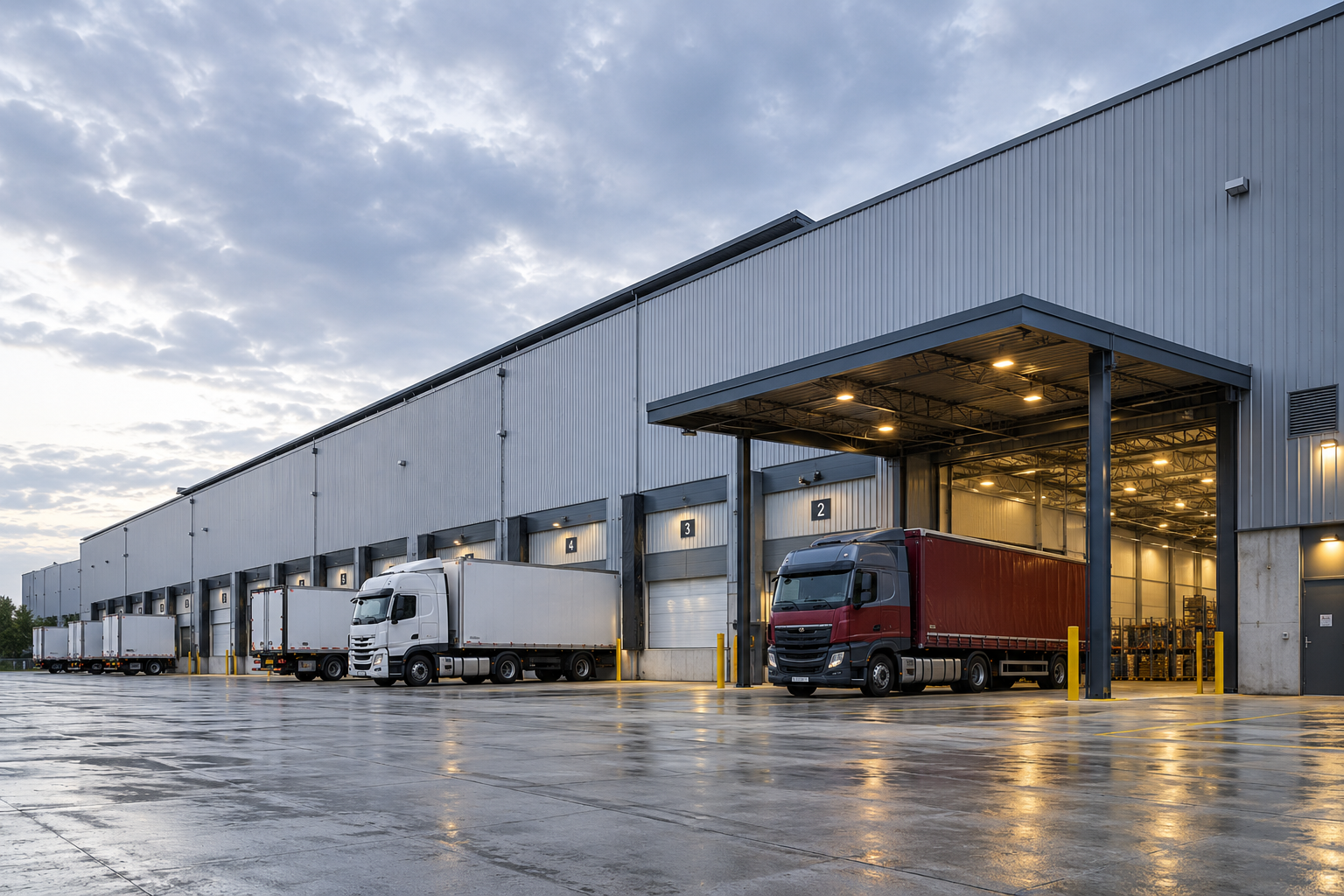 Warehouse loading bay with delivery trucks